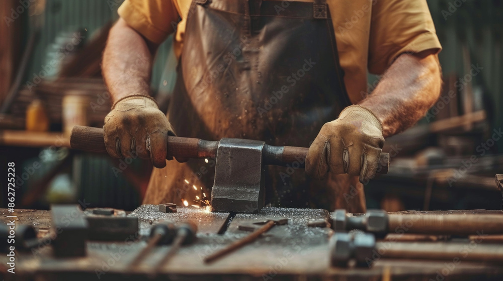 Poster A man in a yellow apron is working on a project with a hammer and anvil