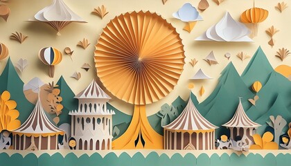 Carnival or circus scene with performers and carnival rides.