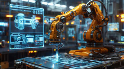 Robotic arm working on high-tech manufacturing line in a futuristic factory setting with digital blueprints on display.