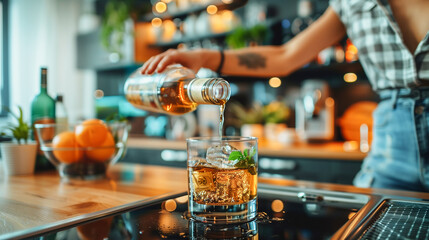 Obraz premium A person pours amber liquor into a glass filled with ice and a sprig of mint. The glass sits on a countertop in a modern kitchen