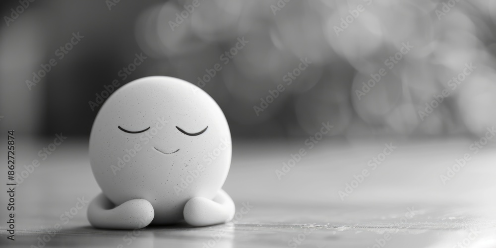 Poster a small white and grey statue of a person is sitting on a table. the statue is smiling and he is in 