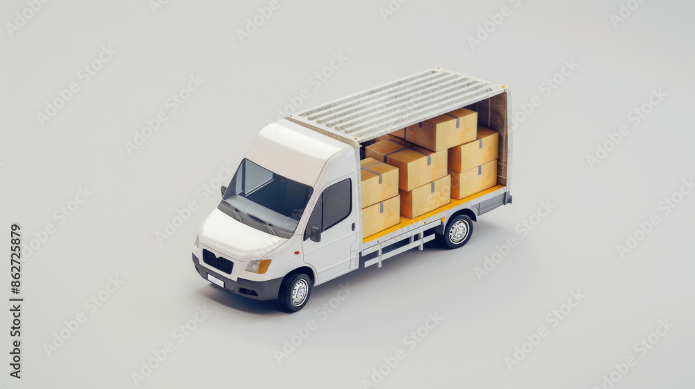 Aufkleber a white van is filled with boxes. the van is parked on a grey surface. the boxes are stacked on top 