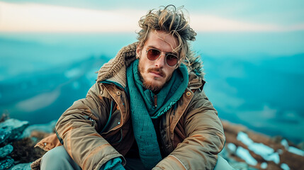 A man in a brown jacket and blue scarf looks thoughtfully out over a vast mountain range