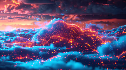 Fototapeta premium blue cloud with pixelated digital transformation on an abstract technology background. Concept of artificial intelligence and big data
