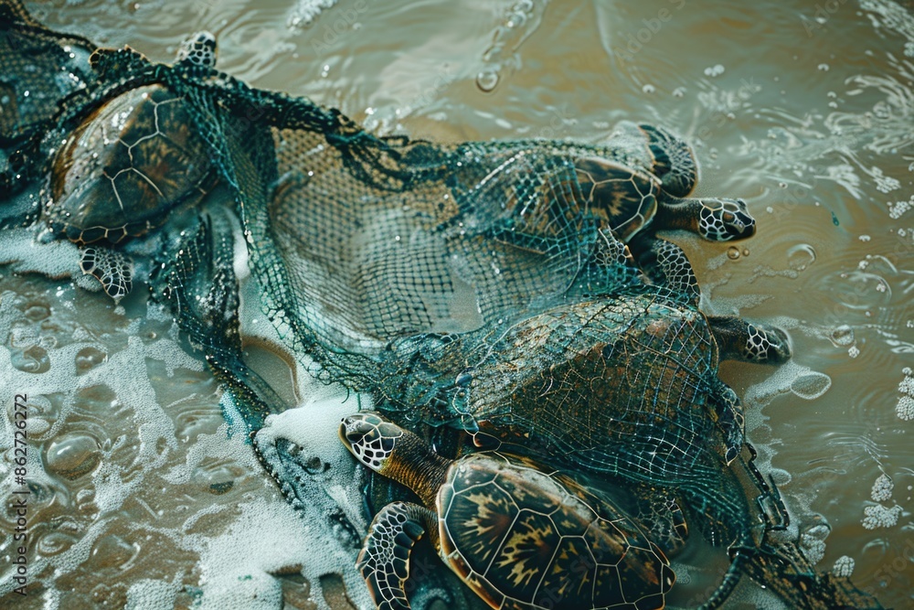 Poster a group of turtles are swimming in a net. the net is made of plastic and is filled with water