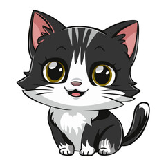 Cute kitten, black cute kitten, drawing, happy pet, graphic, cat. Sticker, image on children's stationery.   Isolated on white background. 
