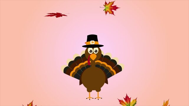 turkey bird on falling leaves background for thanksgiving 4k animation