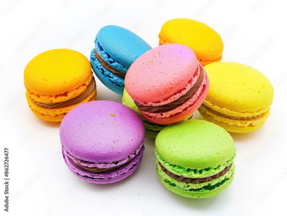Poster a colorful assortment of macarons are arranged in a row. the macarons are of different colors, inclu