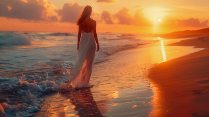 A woman in a white dress walks along a sandy beach towards the setting sun, casting long shadows on the wet sand