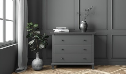 Gray Dresser With Three Drawers in a Modern Interior Design Setting