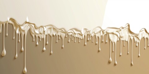 White milk chocolate sweet syrup drip border topping on neutral beige  copyspace background. Dessert and pastry shop advertising. AI generative image.