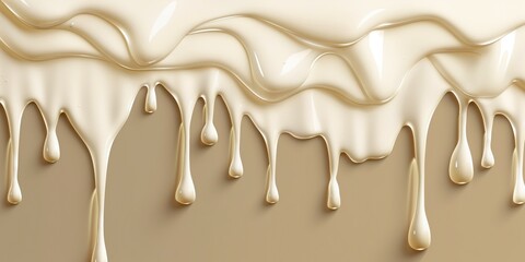 Naklejka premium White milk chocolate sweet syrup drip border topping on neutral beige copyspace background. Dessert and pastry shop advertising. AI generative image.