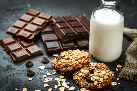 Delicious chocolate bars, oatmeal cookies, and milk bottle on dark background