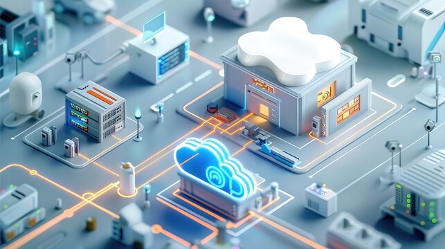 Isometric view, cloud computing platform, gas station building, various data flow icons connected to multiple server blocks and office buildings. Generative AI.