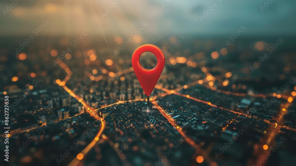 Poster red map pin in cityscape and network connection, indicating the city destination on the map and conn