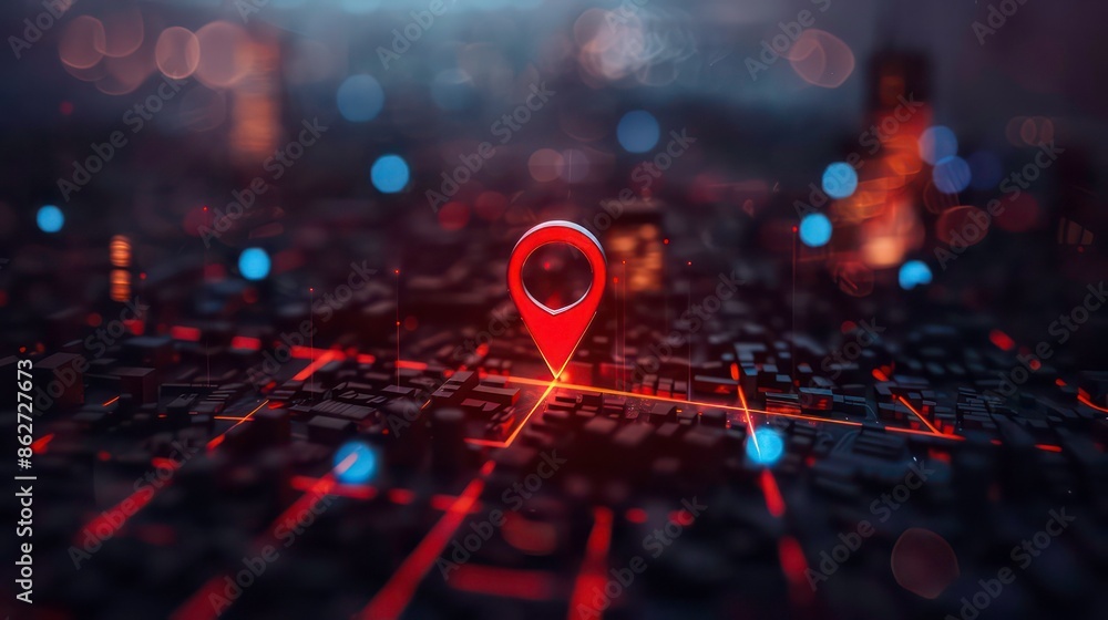 Poster red map pin in cityscape and network connection, indicating the city destination on the map and conn