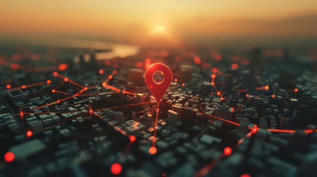 Red map pin in cityscape and network connection, indicating the city destination on the map and connection concept. Generative AI