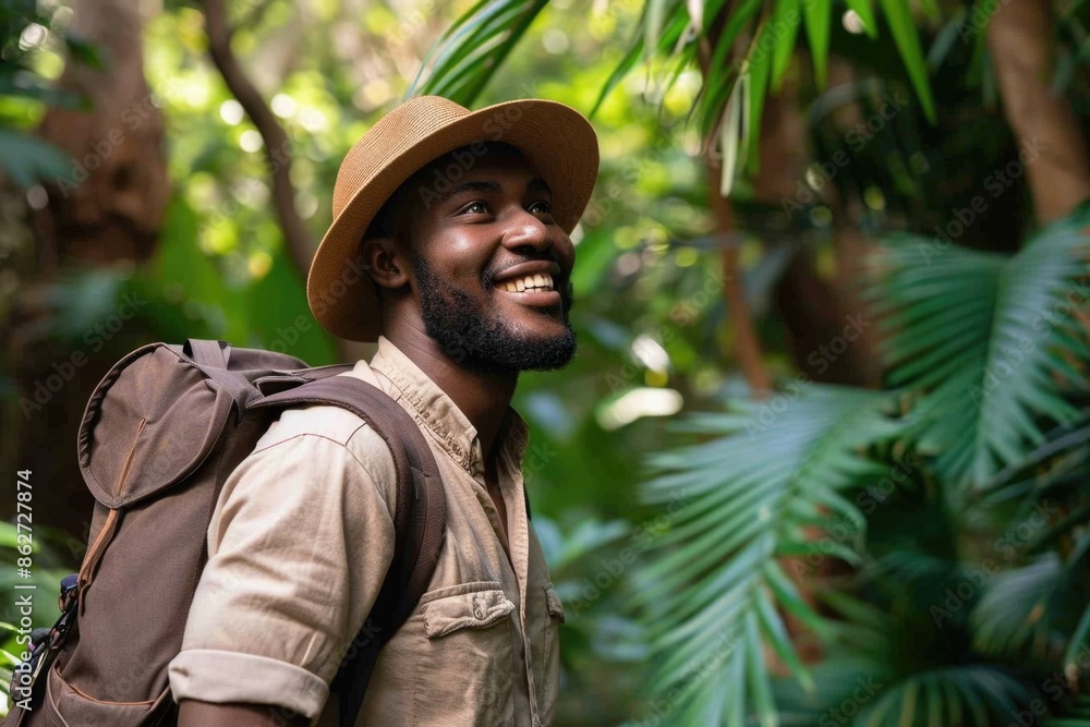 Poster a man wearing a hat and a backpack is smiling in a jungle. scene is happy and adventurous