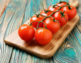 Red ripe tomatoes on the vine ona wooden cutting board on a table