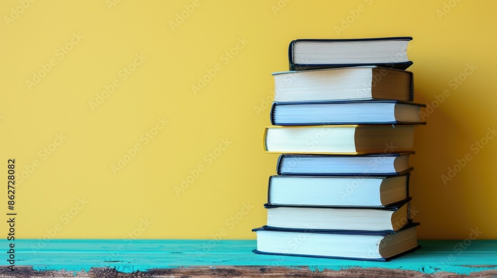 Poster a stack of books on a table with a yellow background. the books are of different sizes and colors. c
