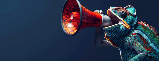 Chameleon holding  megaphone. Promotion, action, holiday, ad, job questions. Vacancy. Business...