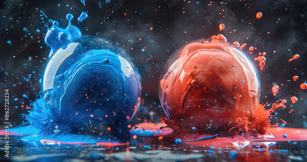 Poster two small balls collide, bursting with paint loaded with colors, blue and red hues, dark background.