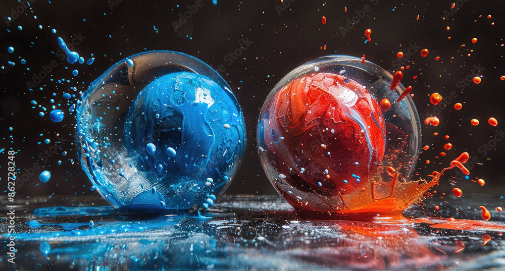 Poster two small balls collide, bursting with paint loaded with colors, blue and red hues, dark background.