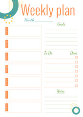 Personal planners page template with place for notes and memphis style elements. Vertical A4 format weekly plan