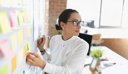 Businesswoman in glasses stands with marker near work board with business planning. Training and business consulting concept © H_Ko