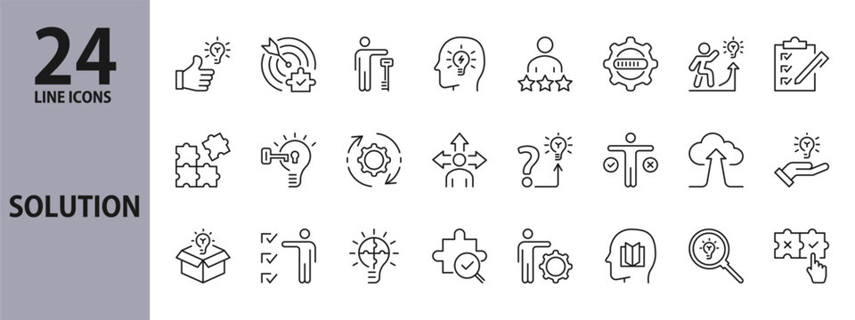Solution line icons set with Goal, Puzzle, Lamp, Gear, Idea, Issue, Progress, Realization, Answer, Choice, Resolve, Think, Seek, Development, Find, Problem, Information and more. Editable Stroke
