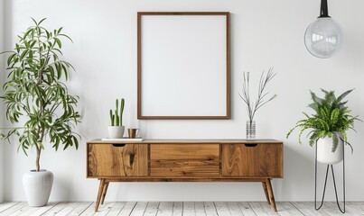 Bright dining room with a mockup frame on the buffet