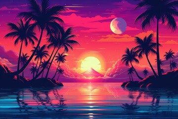 Tropical Sunset Landscape with Palm Trees and Ocean Reflections. Wallpaper in Purple and Orange, Natural Background