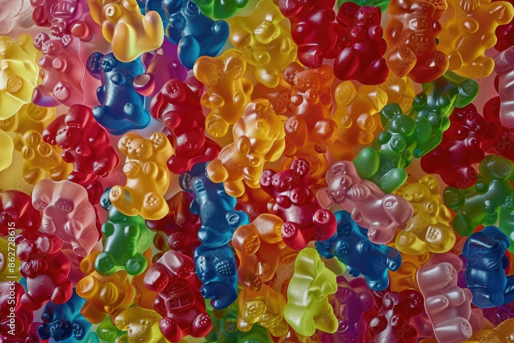 Poster a colorful assortment of gummy bears are displayed in a pattern. the bears are of various colors and