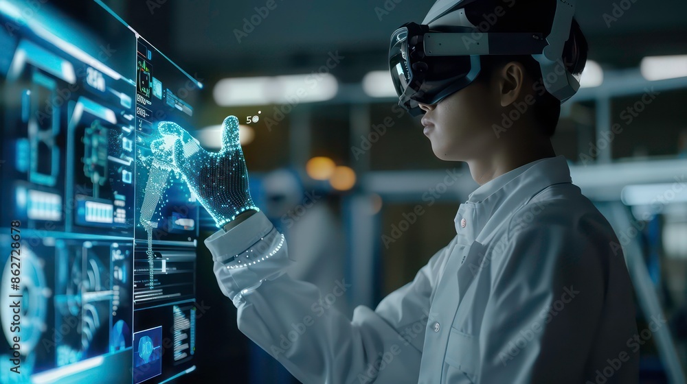 Poster smart industry 4.0 futuristic technology concept, engineer use artificial intelligence combine augmented mixed virtual reality display, digital twin with 5g to control robot arm in smart factory