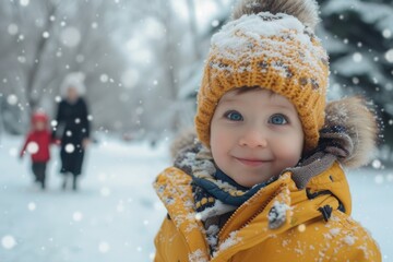 A young child wearing a yellow hat and a yellow jacket is smiling in the snow. The scene is set in a park with a few other people around. Scene is cheerful and playful