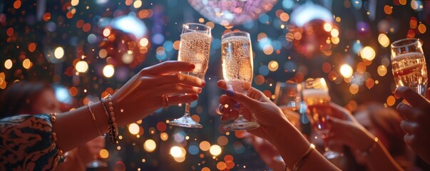 A group of friends toasting with sparkling drinks under a disco ball (realistic)