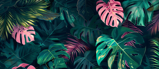 
Tropical leaves background, vector illustration with green and pink palm banana monstera leaves in jungle wallpaper design