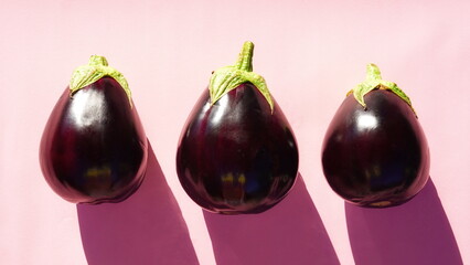 Three Eggplants On Pink Background Top View Color Photo