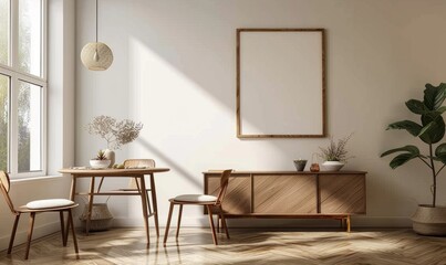 Cozy dining room with a blank frame on the buffet