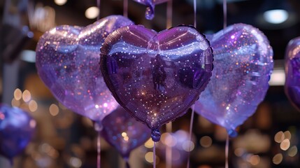 Fototapeta premium A bunch of purple balloons with glitter on them. The balloons are arranged in a way that they look like hearts. Scene is cheerful and festive, as the balloons are being used for decoration