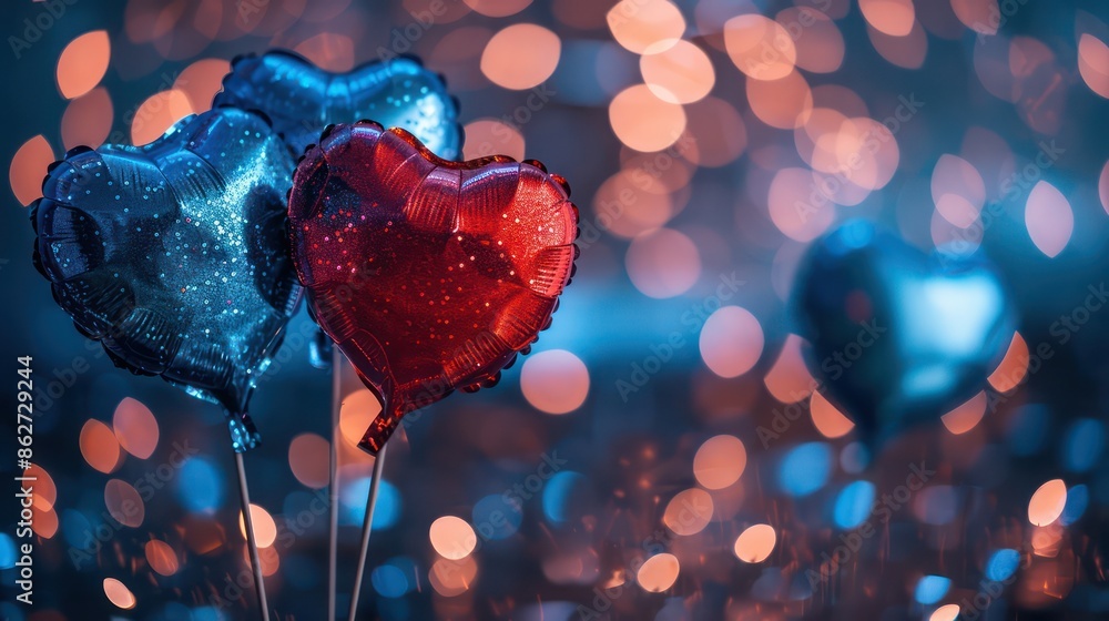 Poster Three hearts are floating in the air, with one red and two blue. The scene is set against a background of blurry lights, creating a dreamy and romantic atmosphere
