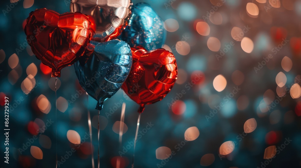 Poster a bunch of red and blue balloons with hearts on them. the balloons are floating in the air and the b