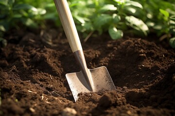 Garden trowel in the soil garden gardening outdoors.