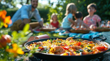 A joyful family gathers around a table in a lush garden to share a homemade paella, enjoying each other's company. Serving delicious paella outdoors. Traditional spanish food. Gastronomy.