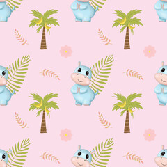 Nursery seamless pattern digital illustration with hippopotamus, plants and sun on color background. Hand drawing. Perfect for kids apparel, fabric, textile, nursery decoration, wrapping paper and