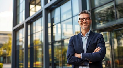 Fototapeta premium Smiling businessman in a suit, standing outside a modern office building with glass windows.