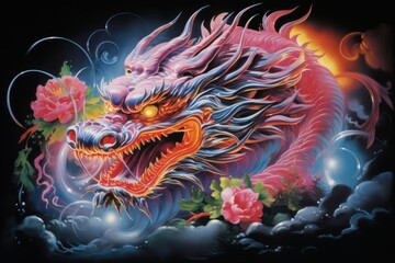 Chinese dragon art representation illuminated.