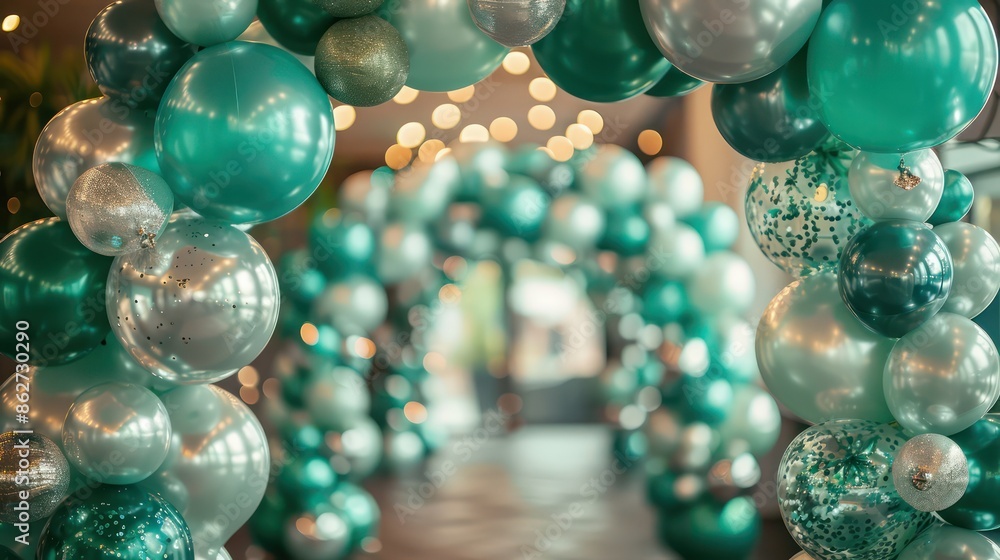 Poster a large archway made of balloons is decorated with green and silver balloons. the archway is long an