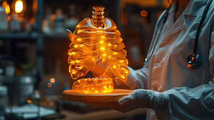Closeup of arabic doctor hand in gloves holding a glowing wooden sternum model highlighting the attachment points for the ribs and clavicles