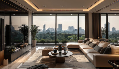 Fototapeta premium Large living Room, multi seater sofa with black table and a rug, large TV Unit, Full windows with outside view of green landscape. Generative AI.